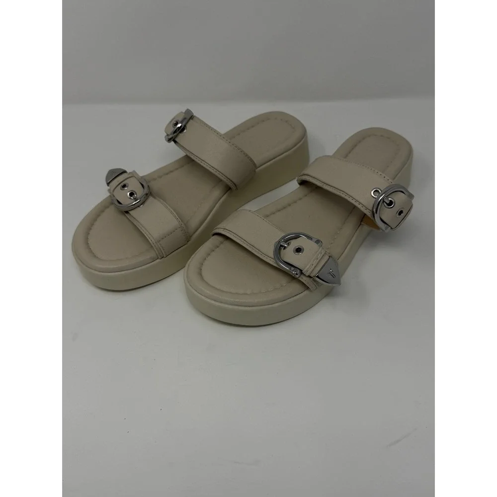 Frye Western Double Buckle Platform Slide Sandal Beige Leather Women Size 8